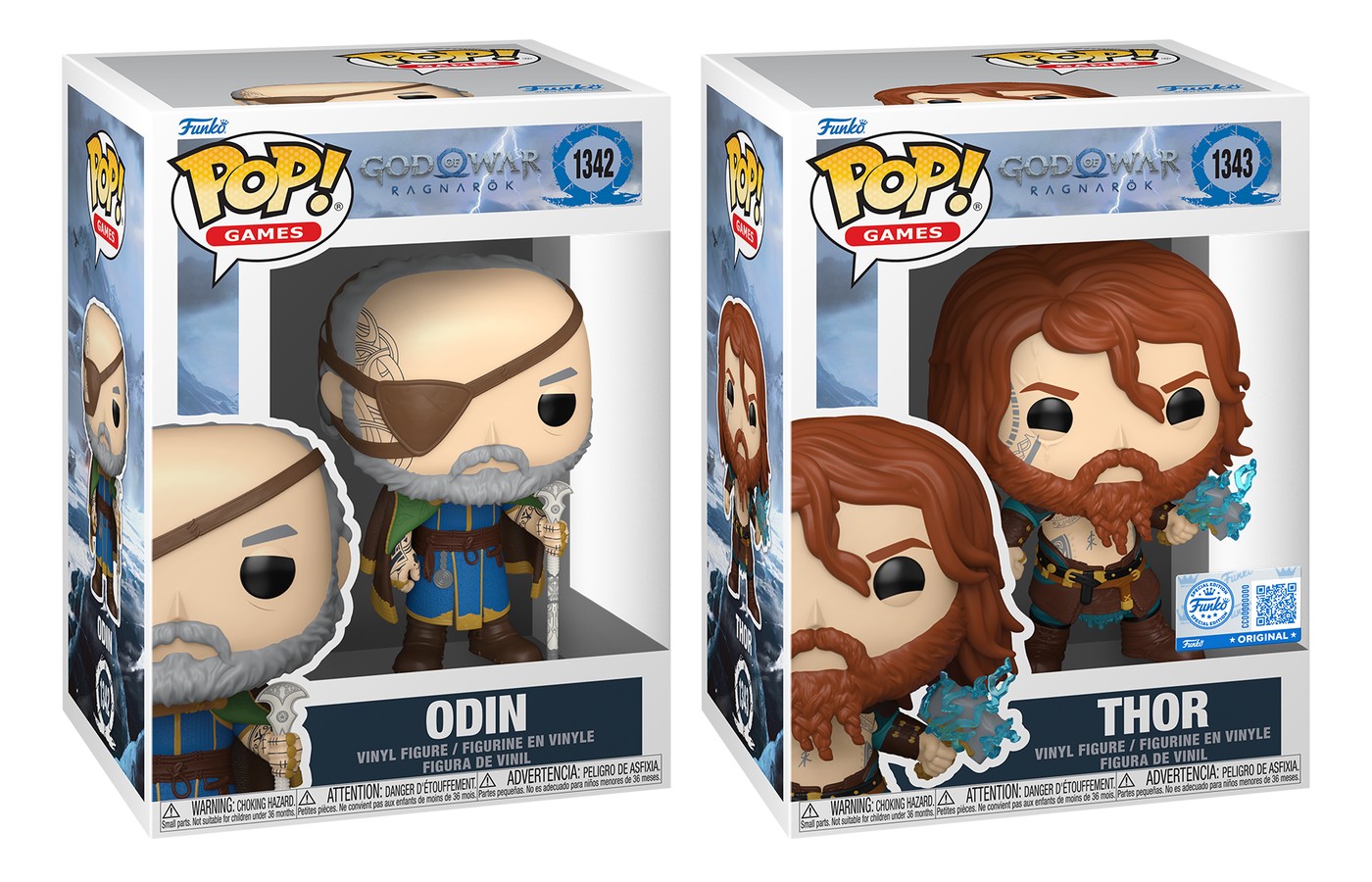 Cajas Funko Pop God of War Ragnarök Odín 1342 y Thor 1343 exclusivo con sticker sobre fondo blanco Cajas Funko Pop God of War Ragnarök Odín 1342 y Thor 1343 exclusivo con sticker sobre fondo blanco