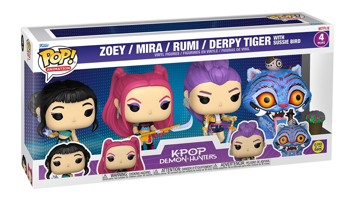 Caja Funko Pop HUNTR/X 4-Pack KPop Demon Hunters con Zoey, Mira, Rumi y Derpy Tiger glow Caja Funko Pop HUNTR/X 4-Pack KPop Demon Hunters con Zoey, Mira, Rumi y Derpy Tiger glow