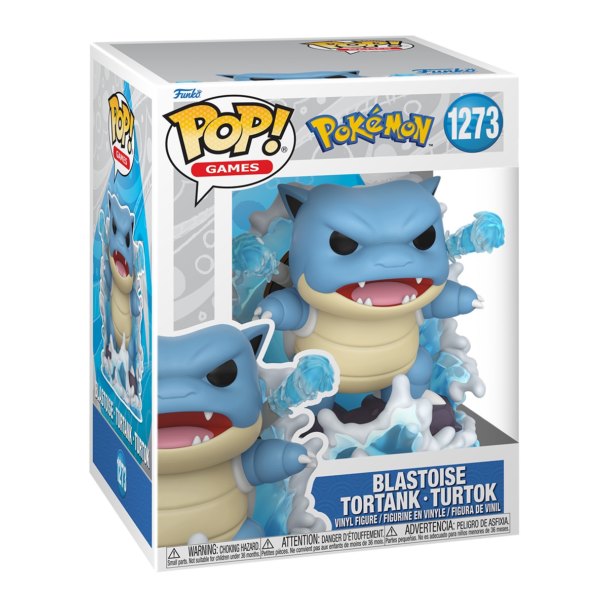 Caja del Funko Pop Premium Blastoise 1273 de Pokémon, con Blastoise saliendo de una ola de agua, fondo blanco Caja del Funko Pop Premium Blastoise 1273 de Pokémon, con Blastoise saliendo de una ola de agua, fondo blanco