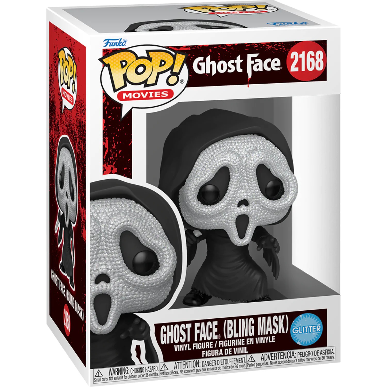 Caja Funko Pop Ghost Face Bling Mask Glitter #2168 Pop Movies con sticker GLITTER sobre fondo blanco Caja Funko Pop Ghost Face Bling Mask Glitter #2168 Pop Movies con sticker GLITTER sobre fondo blanco