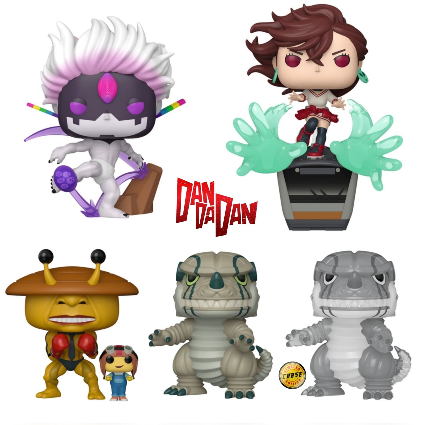 Tercera ola de Funko Pop Dandadan: Evil Eye, Momo Deluxe, Dover Demon con Chiquitita, Kaiju y Kaiju chase gris, fondo blanco Tercera ola de Funko Pop Dandadan: Evil Eye, Momo Deluxe, Dover Demon con Chiquitita, Kaiju y Kaiju chase gris, fondo blanco