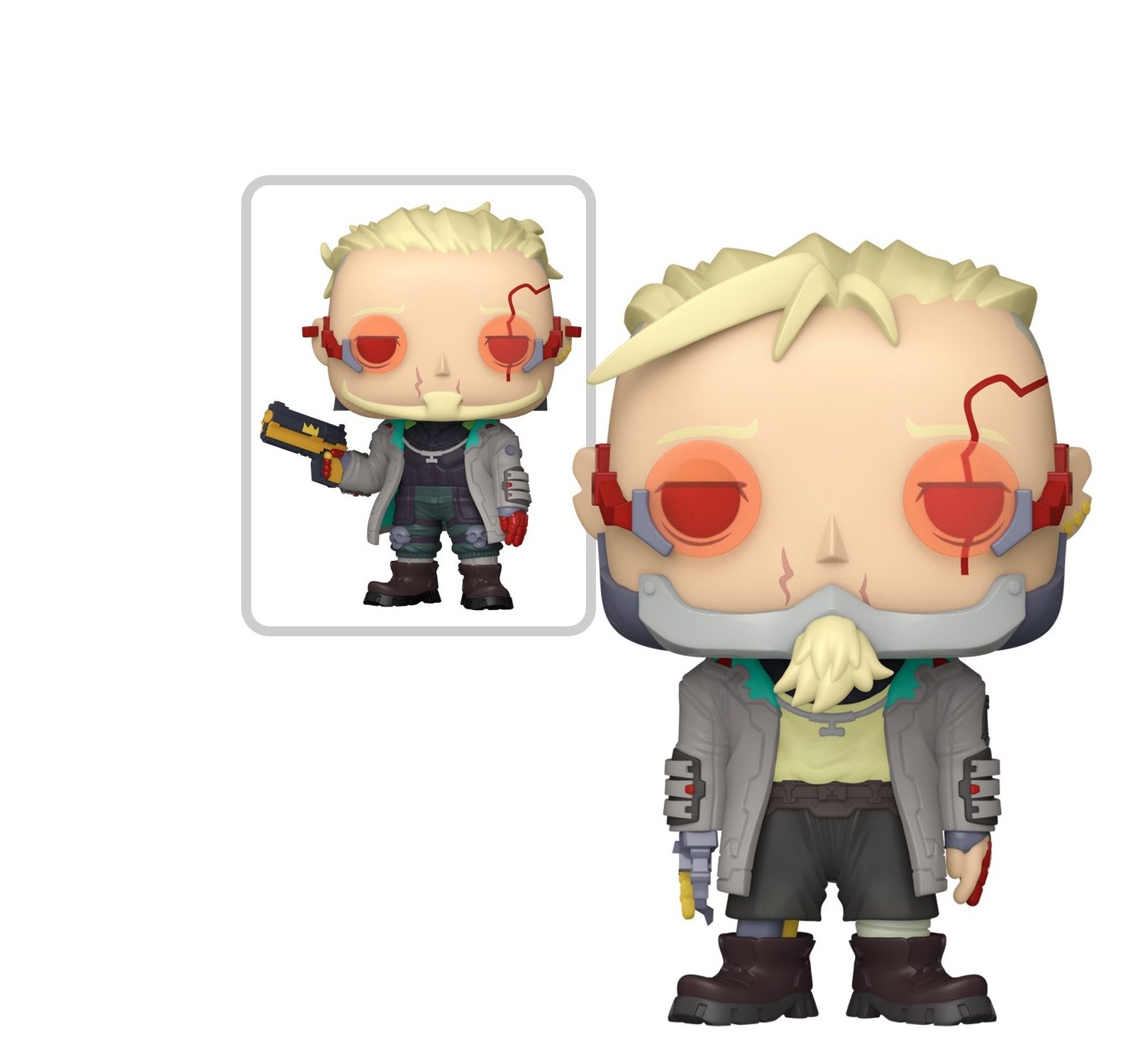 Funko Pop Weak 2596 de Cyberpunk Edgerunners 2 versión común con máscara e implantes rojos, y recuadro del Chase con pistola, fondo blanco